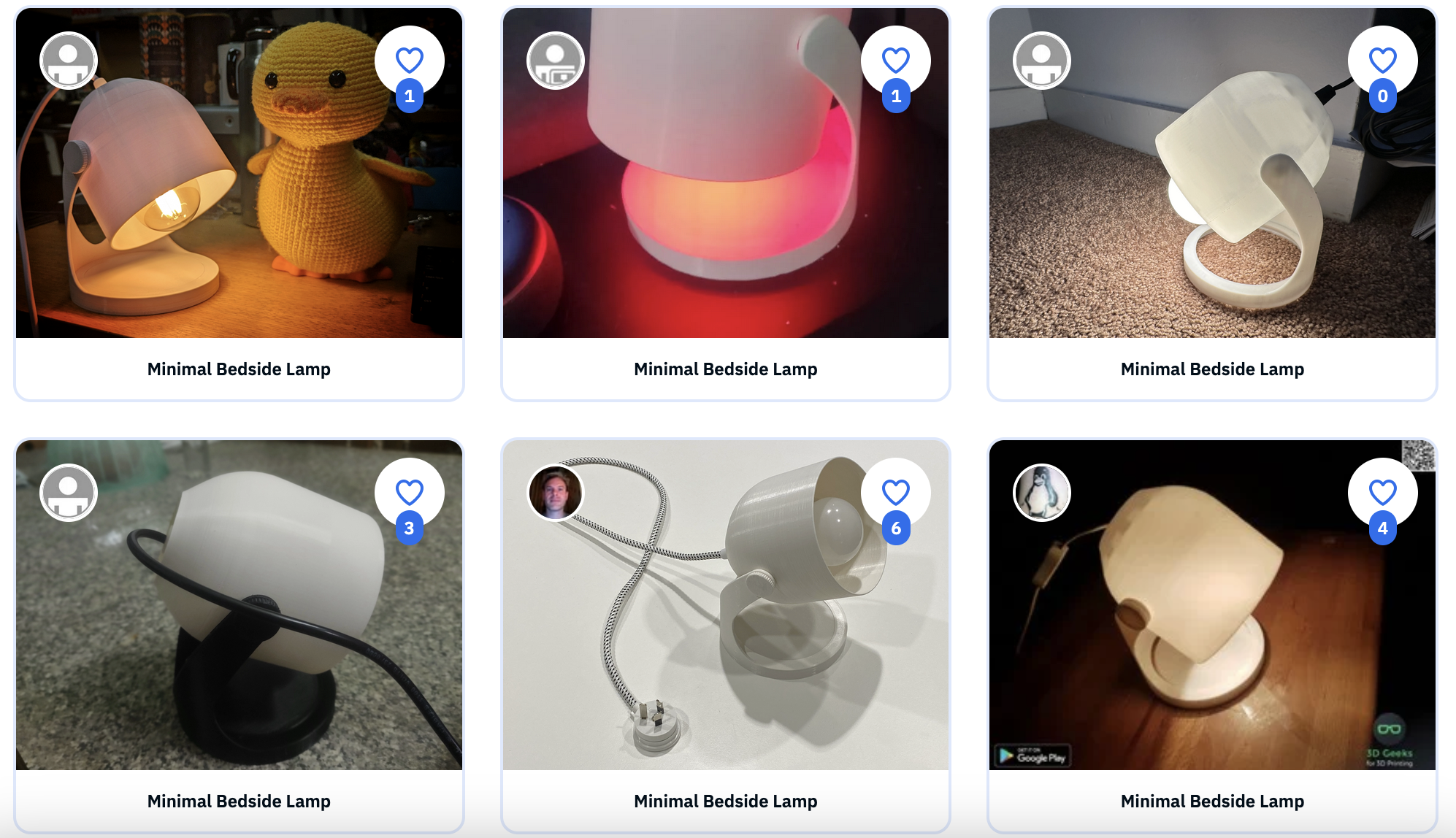 Images of my lamp design that people downloaded and 3D printed.